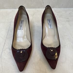 Jimmy Choo London Sz 37.5 Heels Pumps Maroon Suede Leather Women Shoes 2.5 Inch